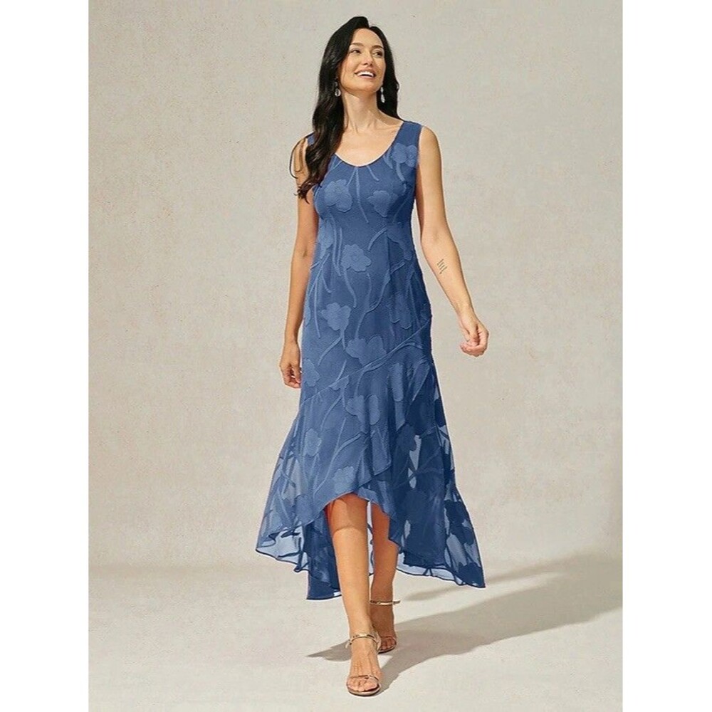 MSGLAMOR Blue Burnout Floral Chiffon High Low Maxi Dress M Evening Gown NWT